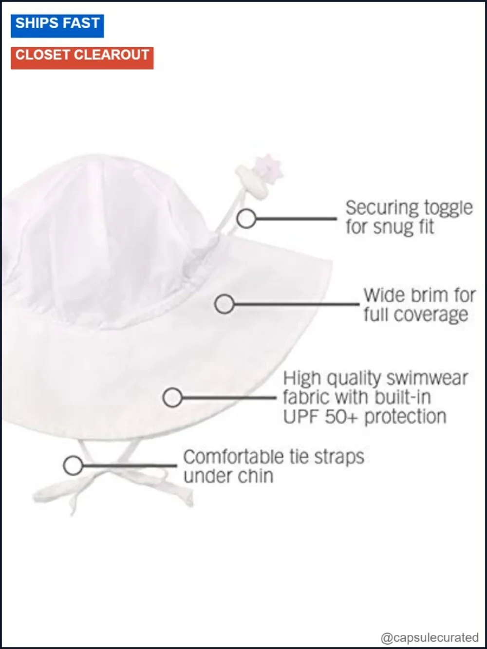 Baby Girls UPF 50+ Wide Brim Sun Hat - Adjustable Toggle & Chin Ties, Quick